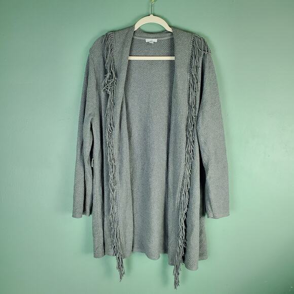 J. Jill Gray Fringed Open Front Cardigan Sweater Size Large - Picture 1 of 6